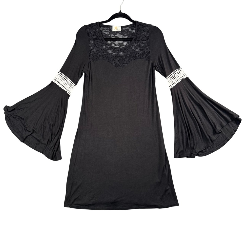 Love Story Womens Black Bell Sleeve‎ Dress Lace Trim Romantic Chic M